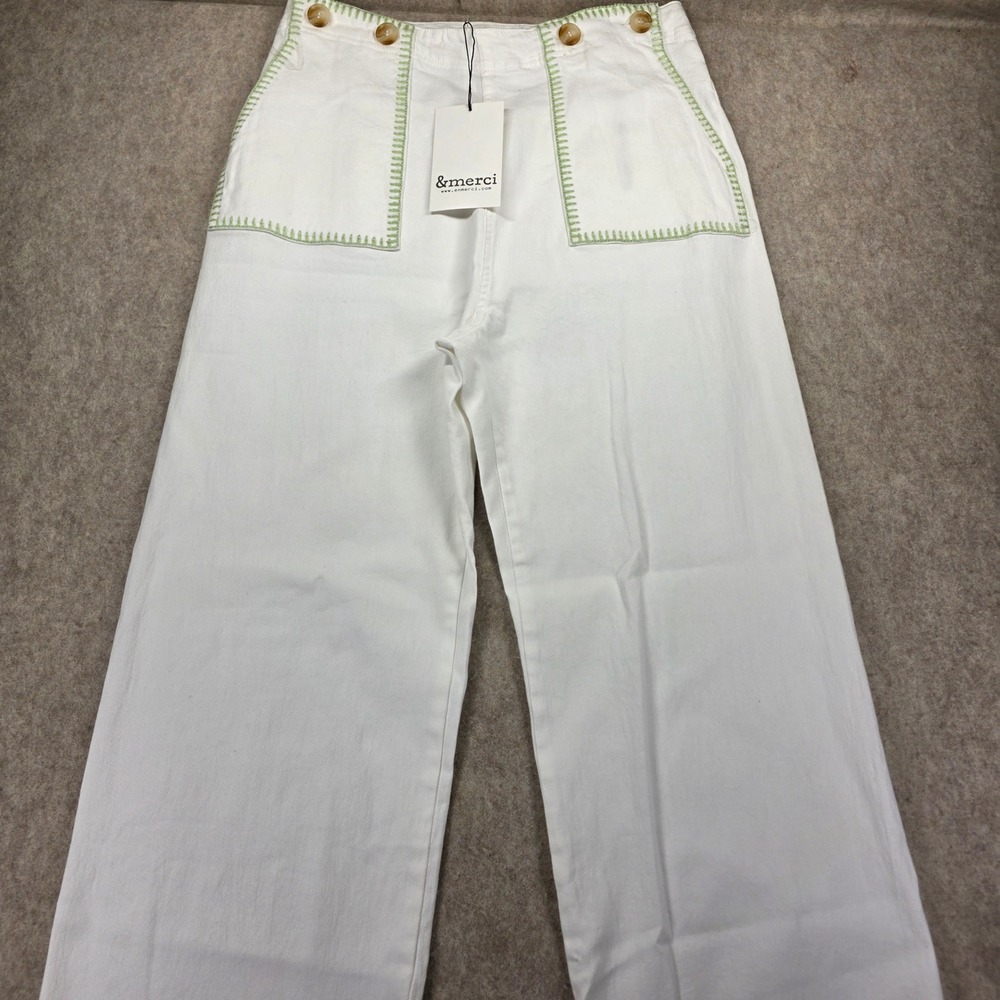 &merci Womens White Wide Leg Pants Green Contrast Stitch Pockets Size M NWT